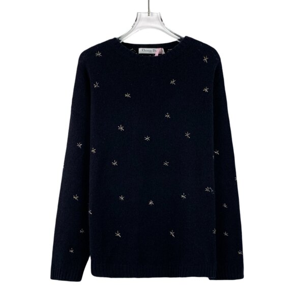 EW0243 Christian Dior Navy Blue Moon Starry Sky Embroidered Cashmere Round Neck - Picture 1 of 6